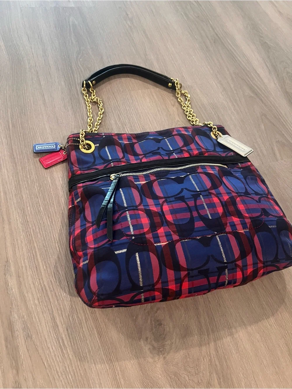 Coach Poppy metallic Tartan Plaid slim chain tote